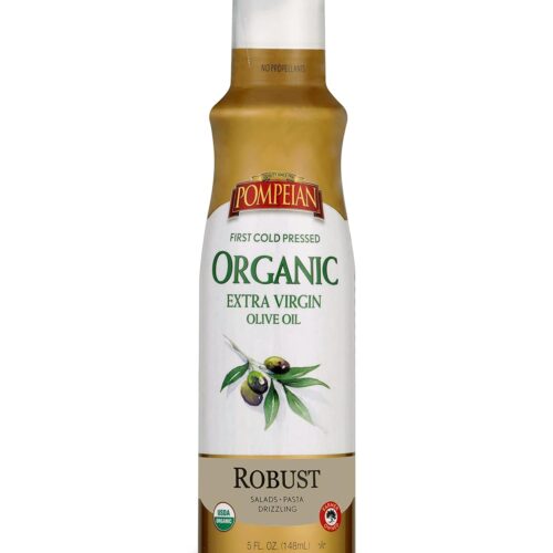 Pompeian USDA Certified Organic Extra Virgin Olive Oil Non-Stick Cooking Spray, Full-Bodied Flavor, Perfect for Salads and Pasta Drizzling, Naturally Gluten Free, Non-Allergenic, Non-GMO, No Propellants, 5 FL. OZ., Single Bottle