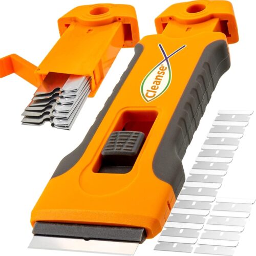 Razor Blade Scraper Tool with 15pcs Extra Blades, Cleaning Razor Scraper for Glass, Glass Top Stove Scraper for Oven Door, Cooktop Scraper, Glass Scraper Cleaning Paint from Glass