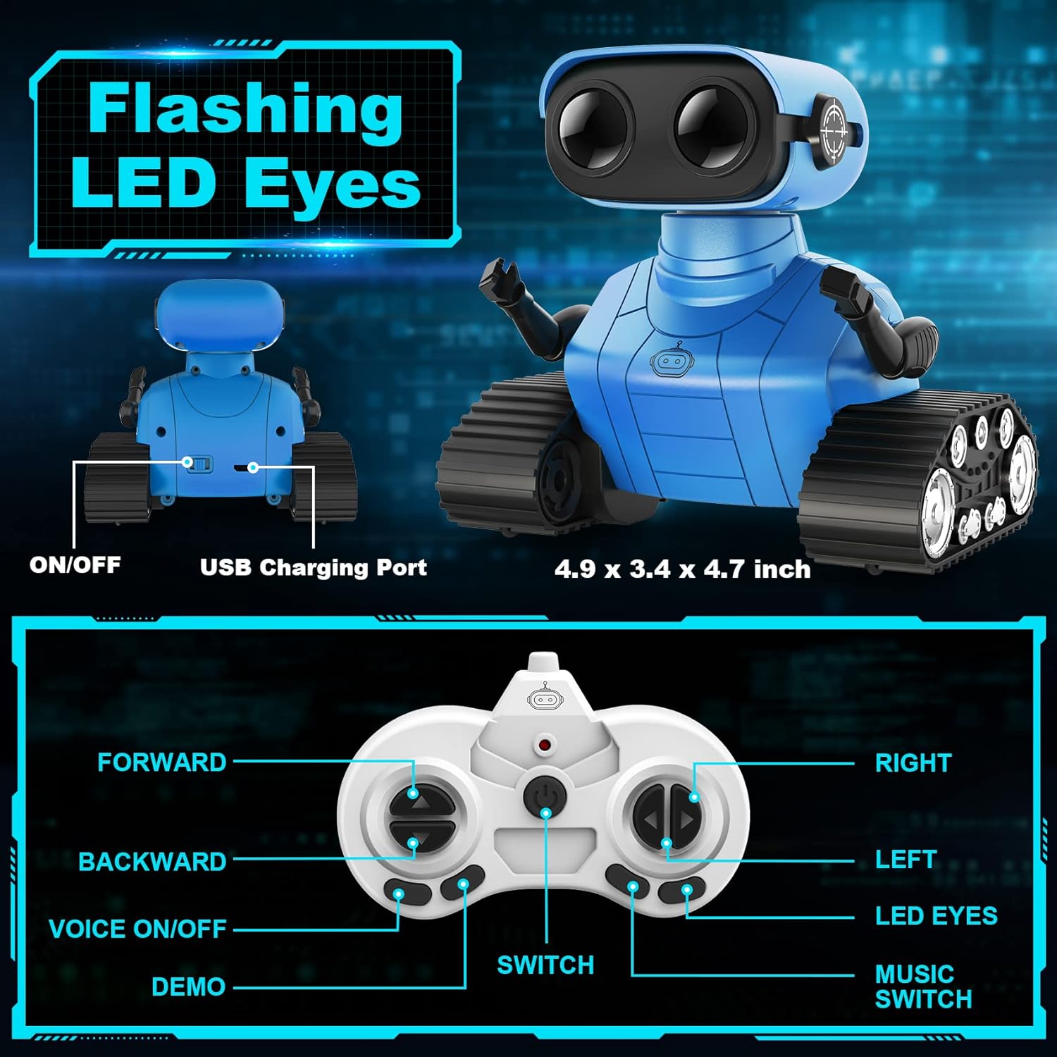 Robot Toys for Boys Girls, Rechargeable Remote Control Emo Robots with Auto-Demonstration, Flexible Head & Arms, Dance Moves, Music, Shining LED Eyes for 5+ Years Old Kids - Image 7
