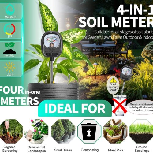 4-in-1 Soil Test Kit, Soil Moisture Meter/Light/Fertility/Soil pH Meter for Gardening, No Need Battery Soil Plant Hygrometer Soil Tester for Indoor&Outdoor Garden,Farm,Lawn -MatteBlack