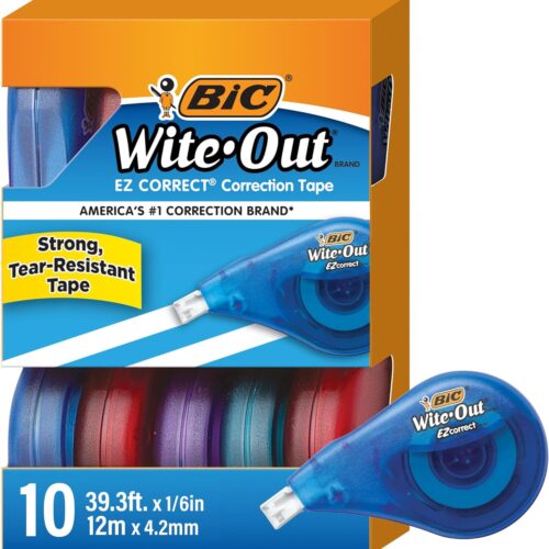 BIC Wite-Out Brand EZ Correct Correction Tape (WOTAP10- WHI), 39.3 Feet, 10-Count Pack of white Correction Tape, Fast, Clean and Easy to Use Tear-Resistant Tape