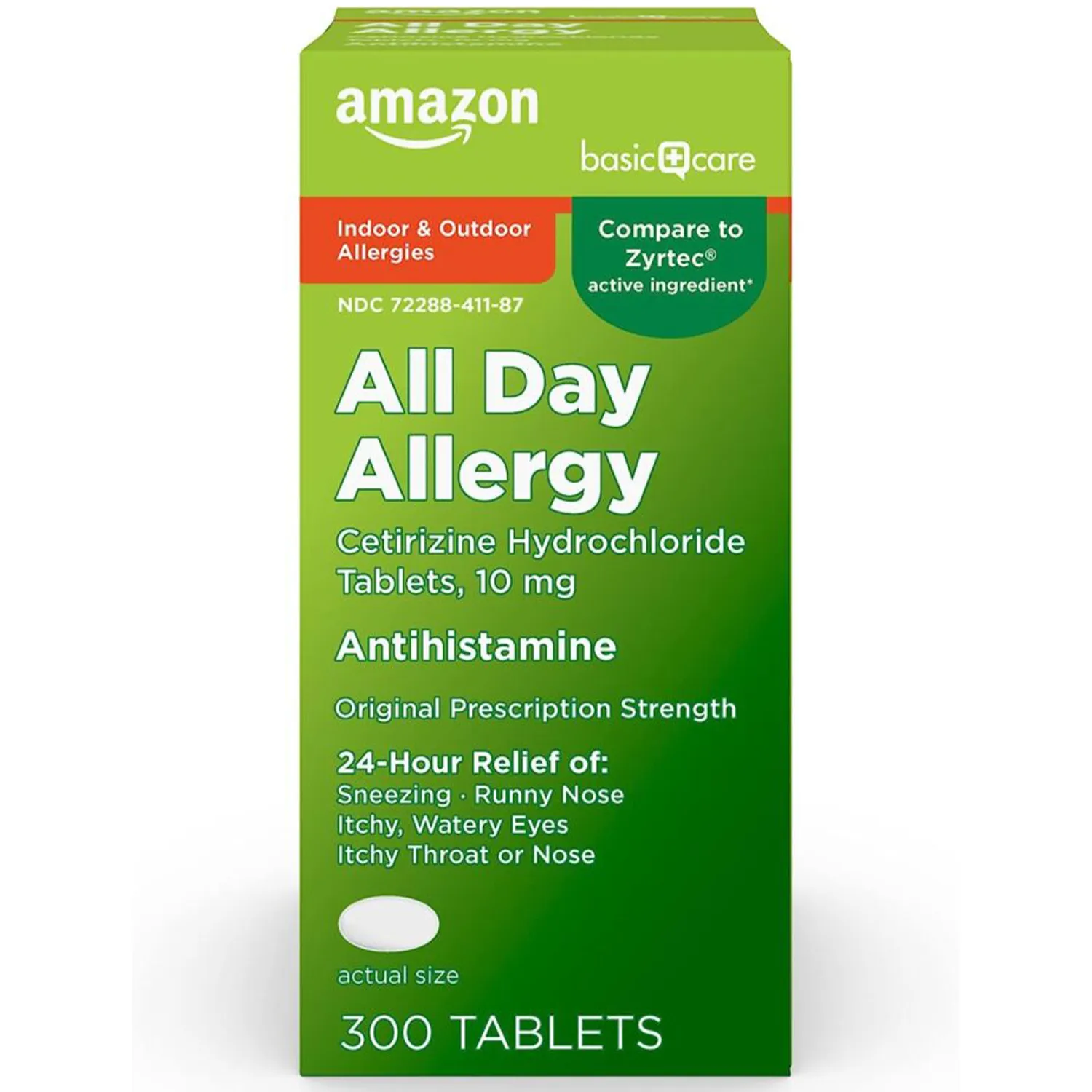 Amazon Basic Care 24 Hour Allergy Relief, Cetirizine Hydrochloride Tablets, 10 mg, 300 Count