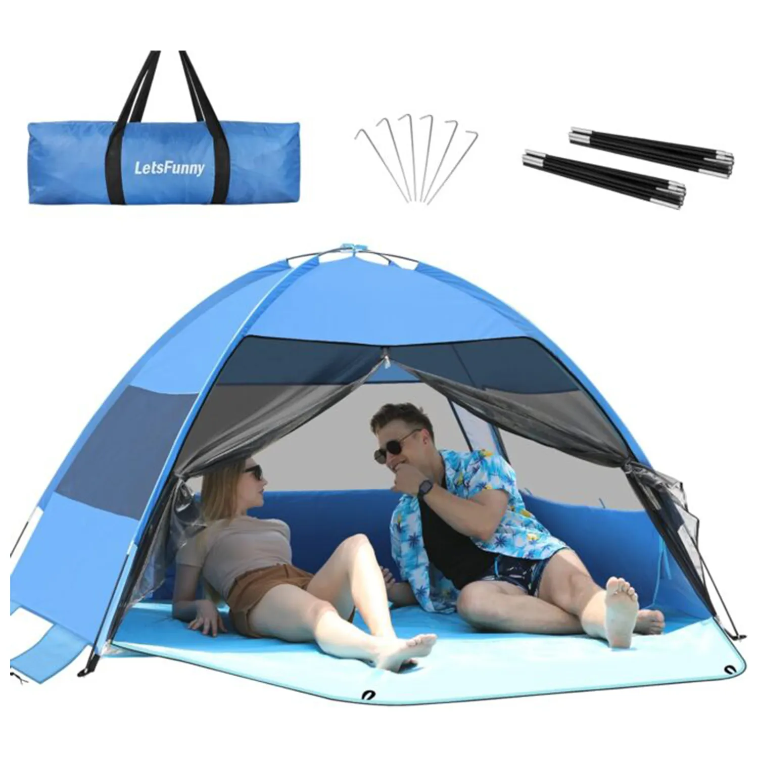 Large Easy Setup Beach Tent,Anti-UV Shelter Canopy Sun Shade with Extended Floor & 3 Mesh Roll Up Windows Fits 3-4 Person,Portable Shade Tent for Outdoor Camping Fishing (Blue)